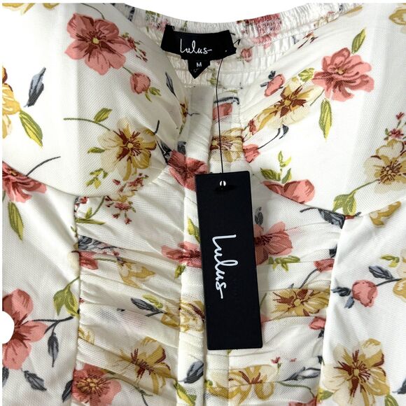 NWT Lulu's Cream pink and yellow floral print Ruched corset crop top Size Medium - Picture 3 of 11
